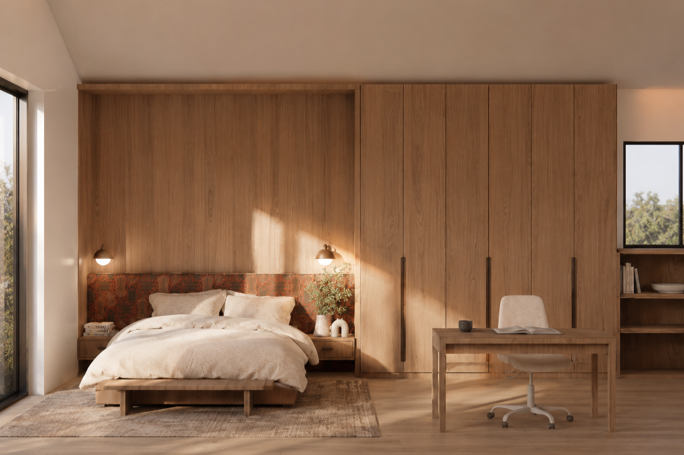Modern bedroom with wooden panel walls, bed, side table, and wardrobe, with window showing trees outside.