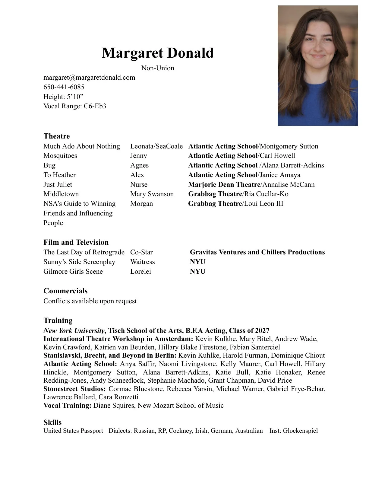 Resume for Margaret Donald with her professional details, theatre, film, television, commercials, training, skills, and a portrait photograph of her smiling with long brown hair, wearing a blue top.
