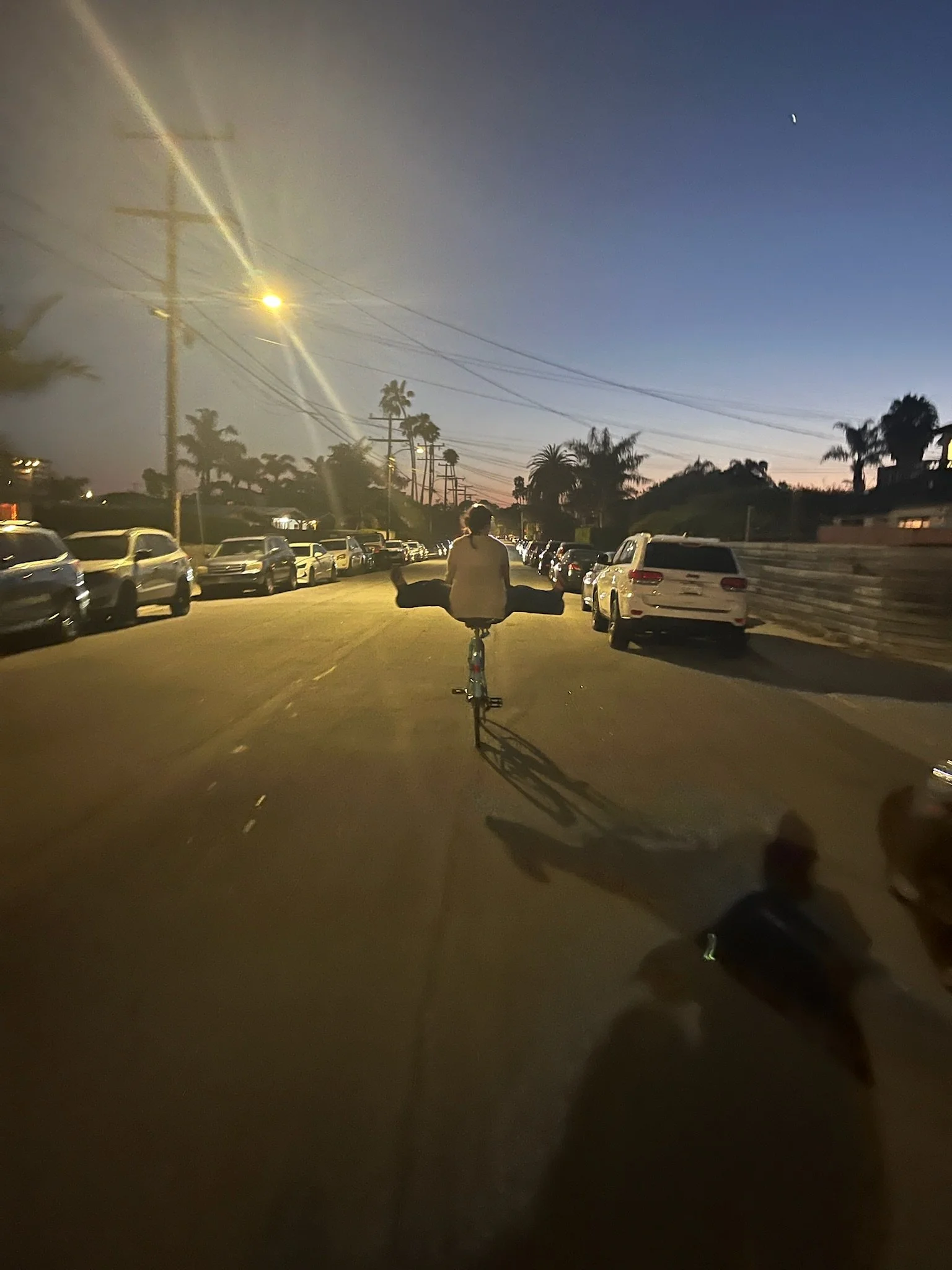 A person riding a bicycle on a residential street during twilight, with parked cars on both sides and palm trees in the background.