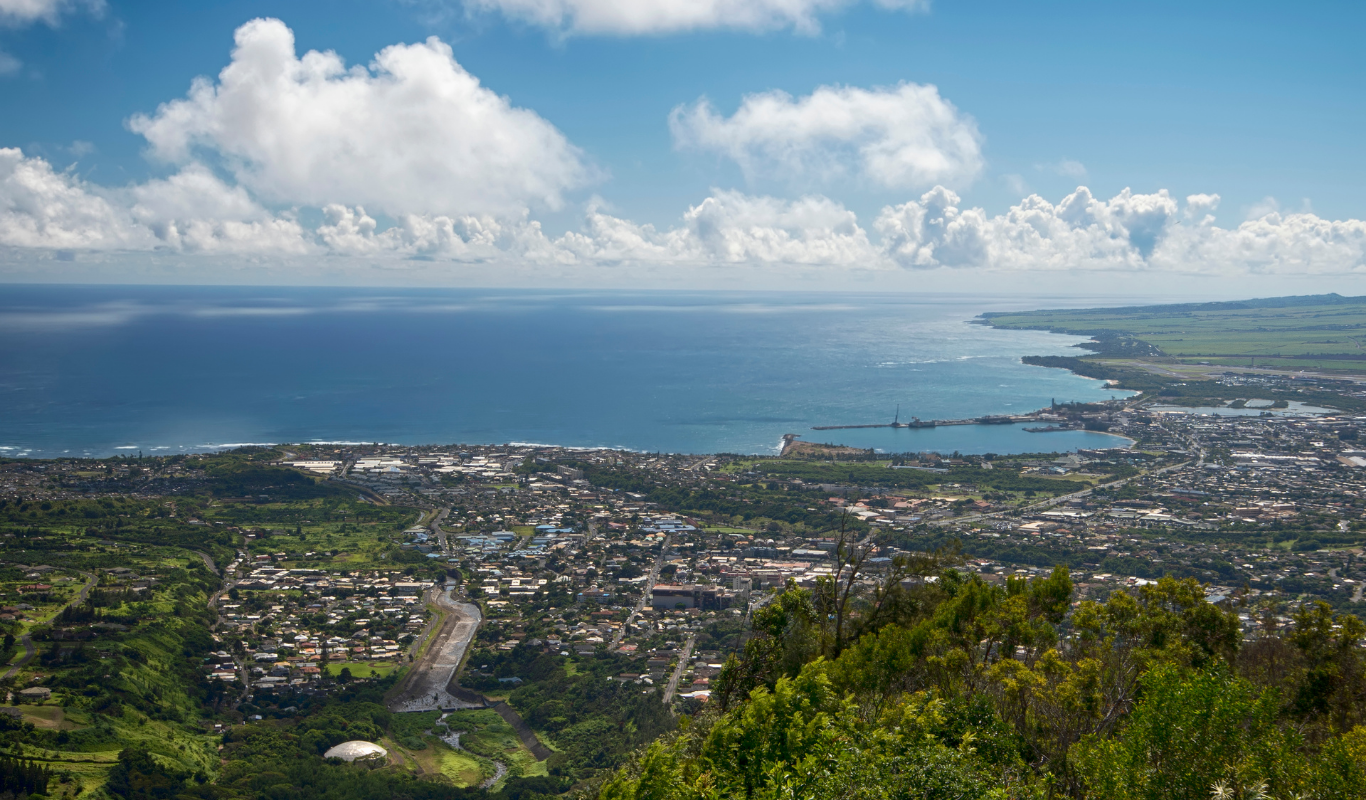 Aerial view of a coastal city with green hills in the foreground, a harbor with ships, and the ocean under a partly cloudy sky.
