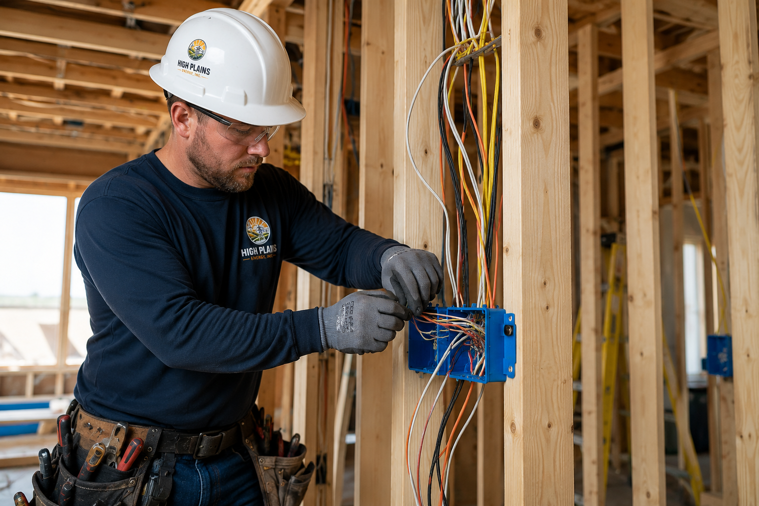 A construction worker, wearing a white hard hat, safety glasses, black gloves, and a navy blue shirt with a logo, is working on electrical wiring in a wooden framed building. He is using tools in his belt and is focused on connecting wires inside a blue electrical box.