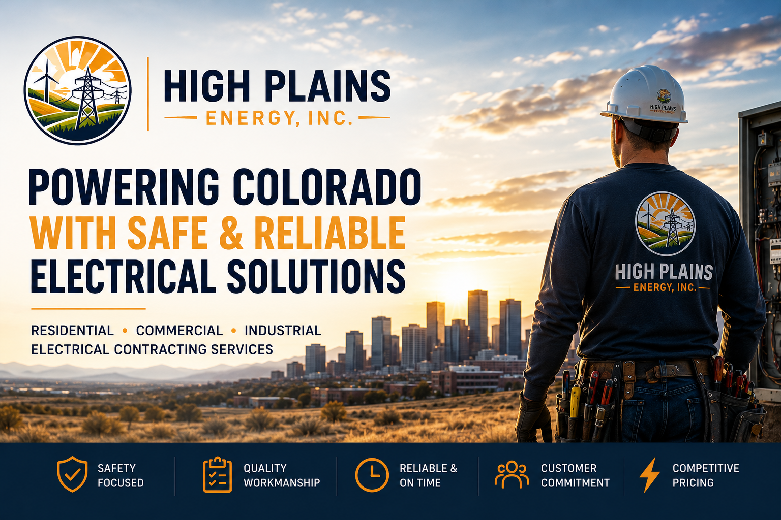 An advertisement for High Plains Energy, Inc., showcasing a worker in a hard hat and branded sweatshirt with the company logo, overlooking the Denver skyline at sunset, highlighting electrical services for residential, commercial, and industrial clients.