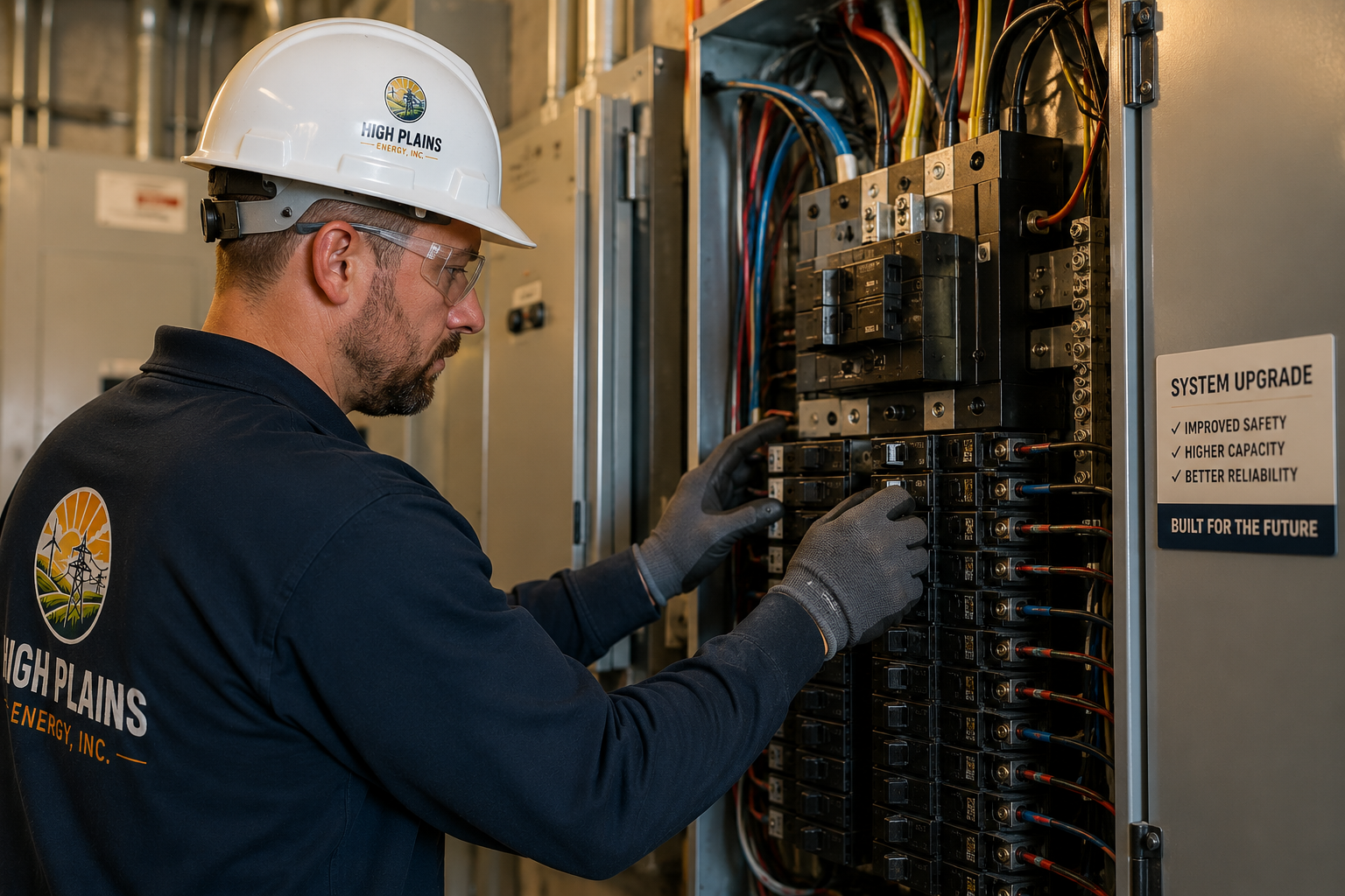 A technician in safety gear working on electrical panels in an industrial setting.