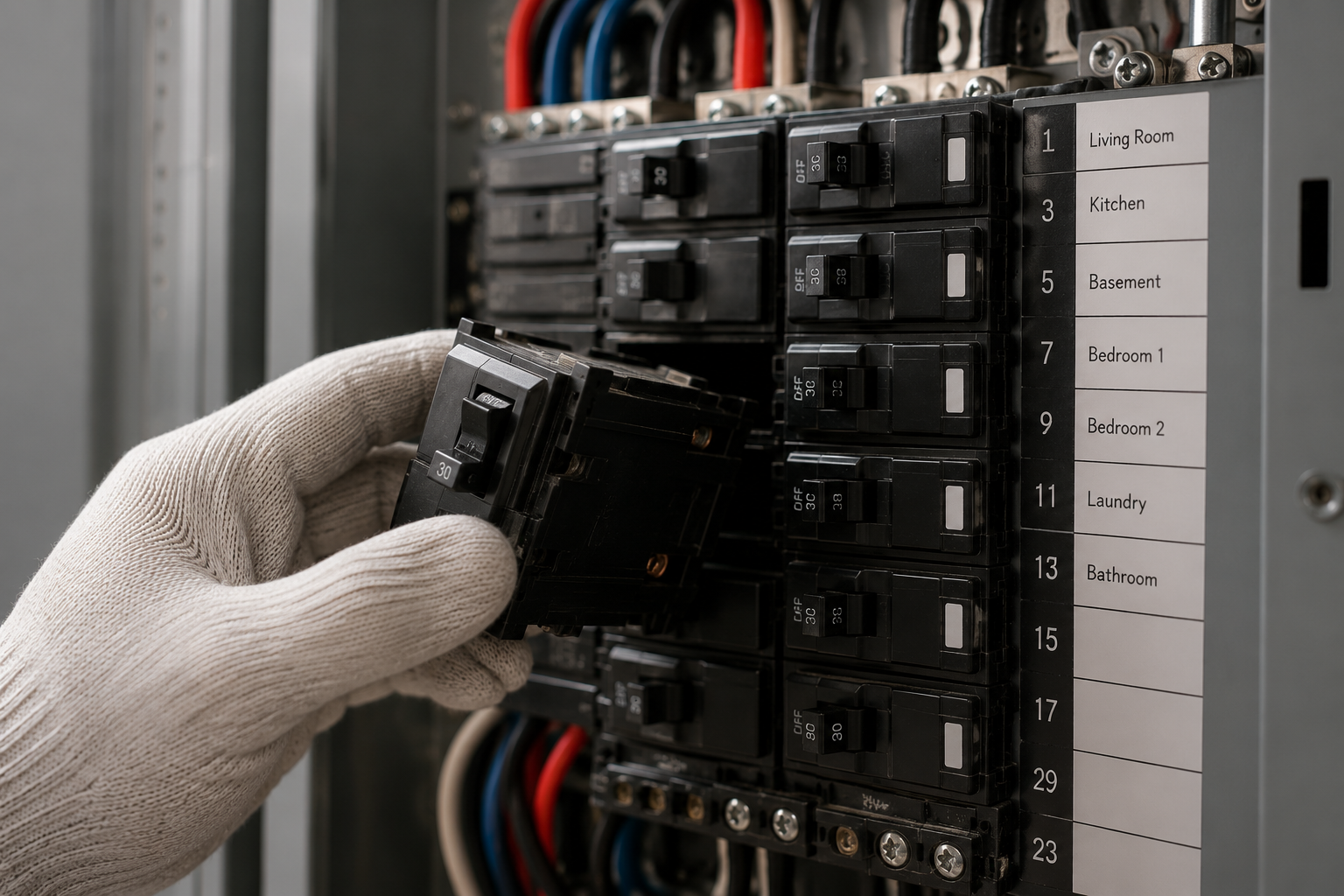A person wearing a white glove is holding a circuit breaker in an electrical panel, which contains multiple circuit breakers and a labeled diagram indicating the areas they serve such as living room, kitchen, basement, bedroom 1, bedroom 2, laundry, and bathroom.