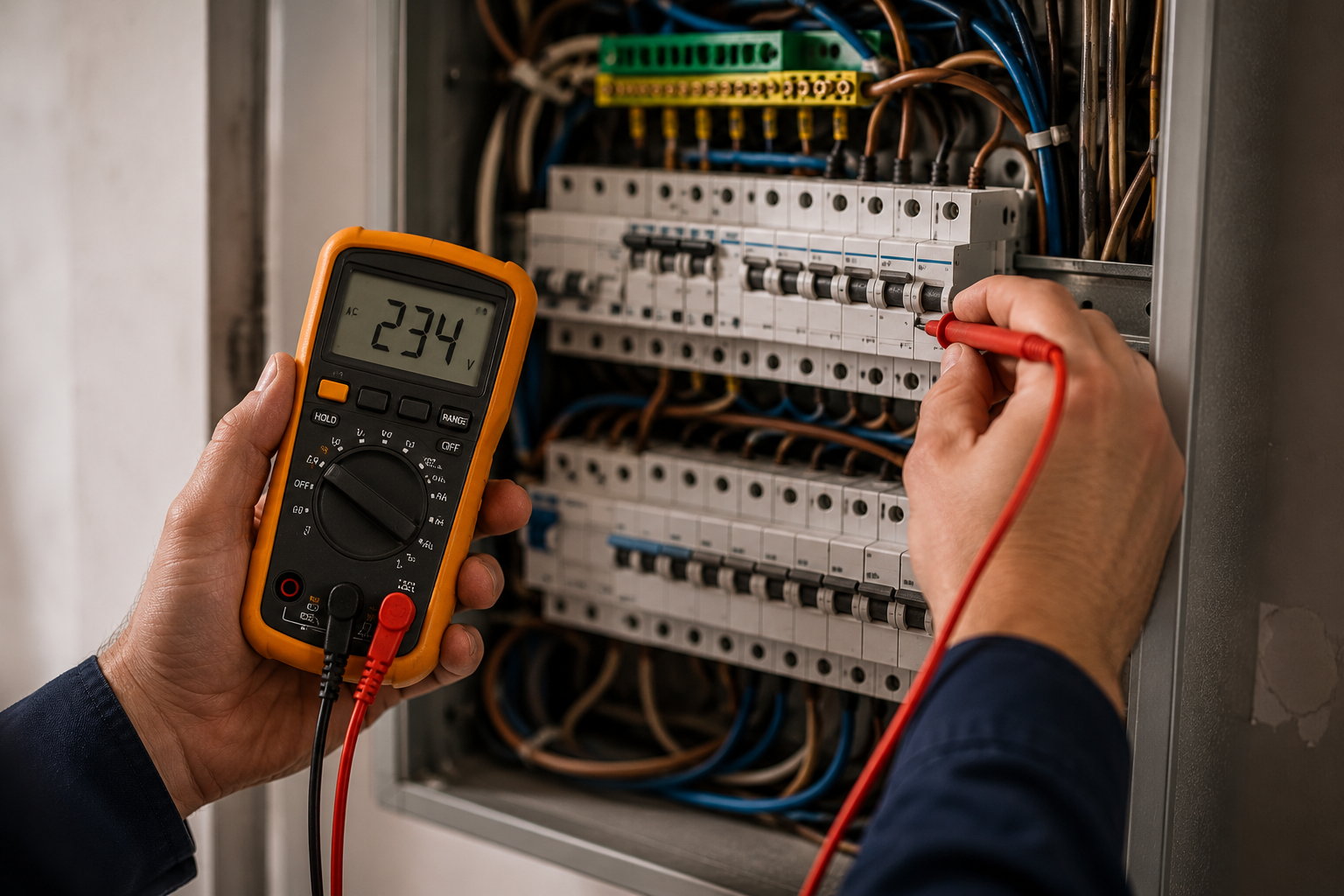 Technician testing electrical circuit breaker panel with multimeter reading 234 volts.