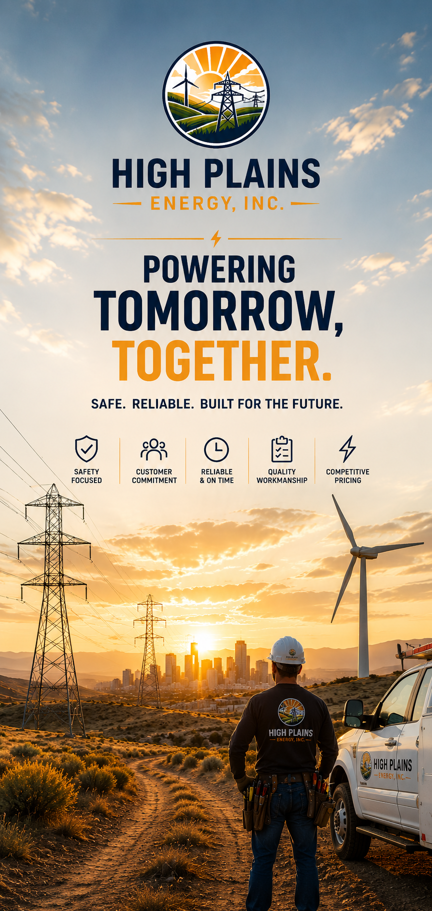 A promotional poster for High Plains Energy, Inc., featuring a sunrise over a city with wind turbines and power lines, and a worker in safety gear standing next to a vehicle. The poster emphasizes energy reliability, safety, customer commitment, quality worksmanship, and competitive pricing.
