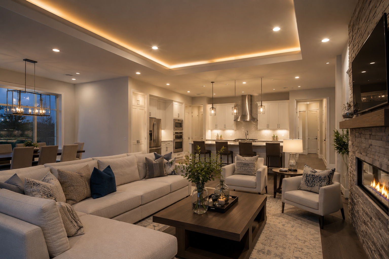 A spacious living room with a large beige sectional sofa, white armchair, and a wooden coffee table decorated with vases and candles. The room features a stone fireplace, a flat-screen TV mounted on the wall, and a view of the kitchen with a breakfast bar and hanging pendant lights. The space is illuminated by recessed ceiling lights and warm ambient lighting.