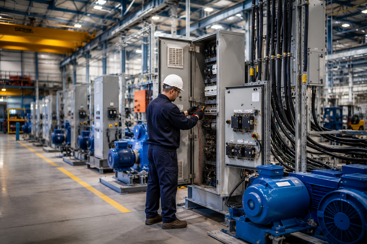 A technician in safety gear working on electrical equipment in a large industrial manufacturing facility.