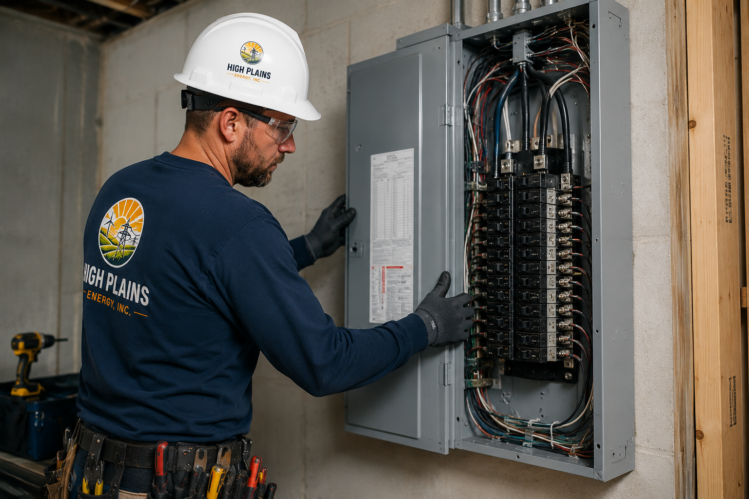 A male electrician working on an electrical panel with multiple circuit breakers inside a utility room. He is wearing a hard hat, safety glasses, gloves, and a dark shirt with the logo 'High Plains Energy, Inc.' on the back.
