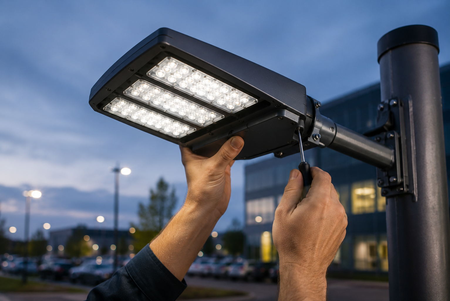Someone using a screwdriver to install or repair a large LED street light near a parking lot during dusk.
