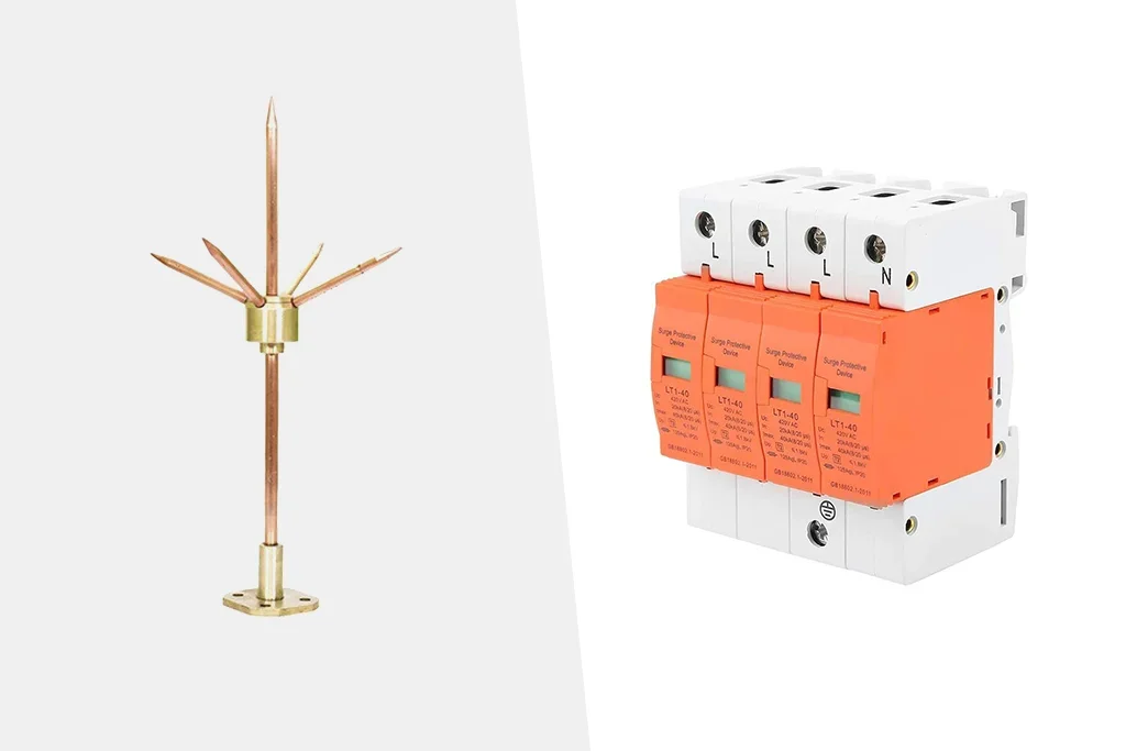A lightning rod on the left and a circuit breaker on the right.