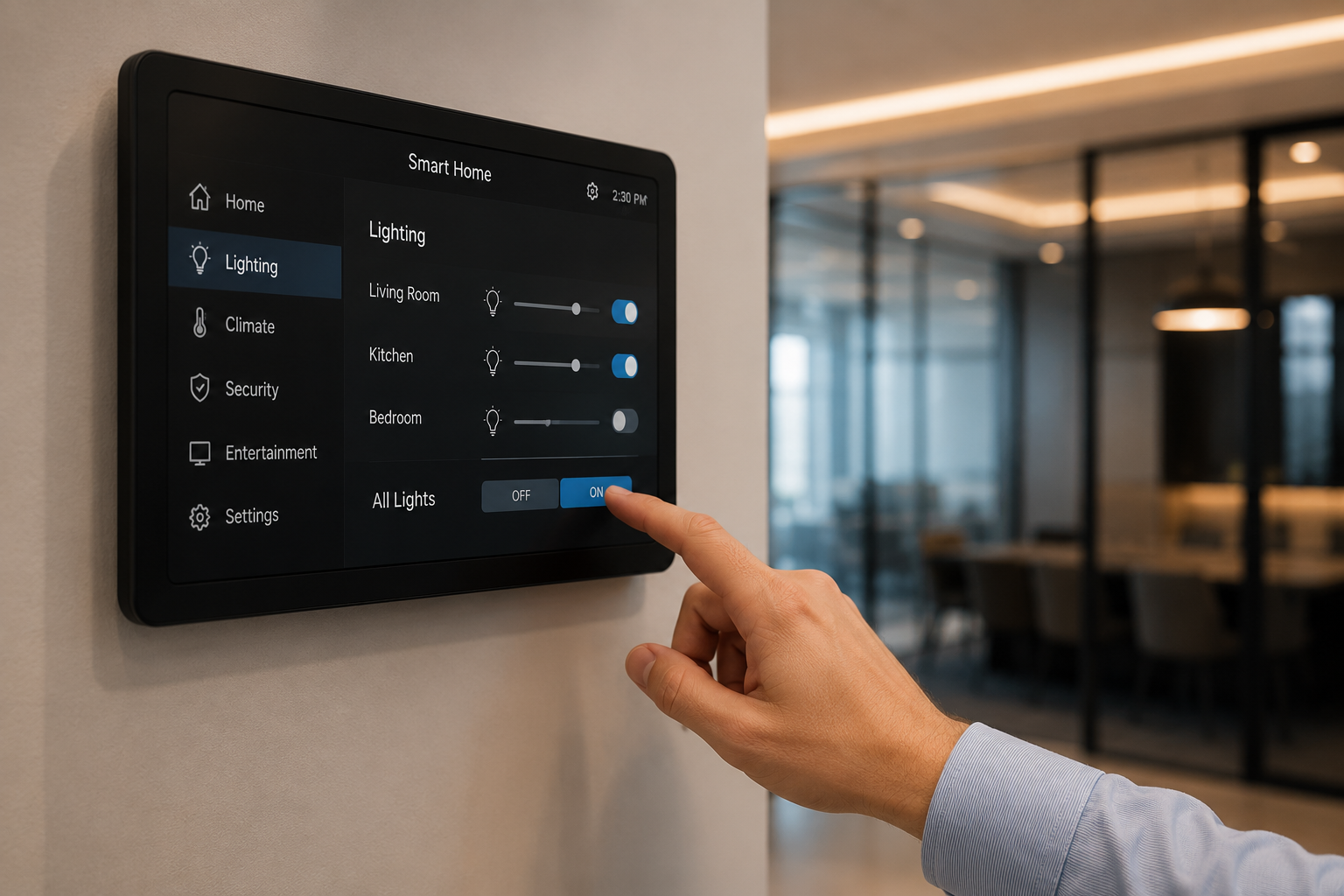 Person adjusting smart home lighting controls on touchscreen panel in modern office or conference room.