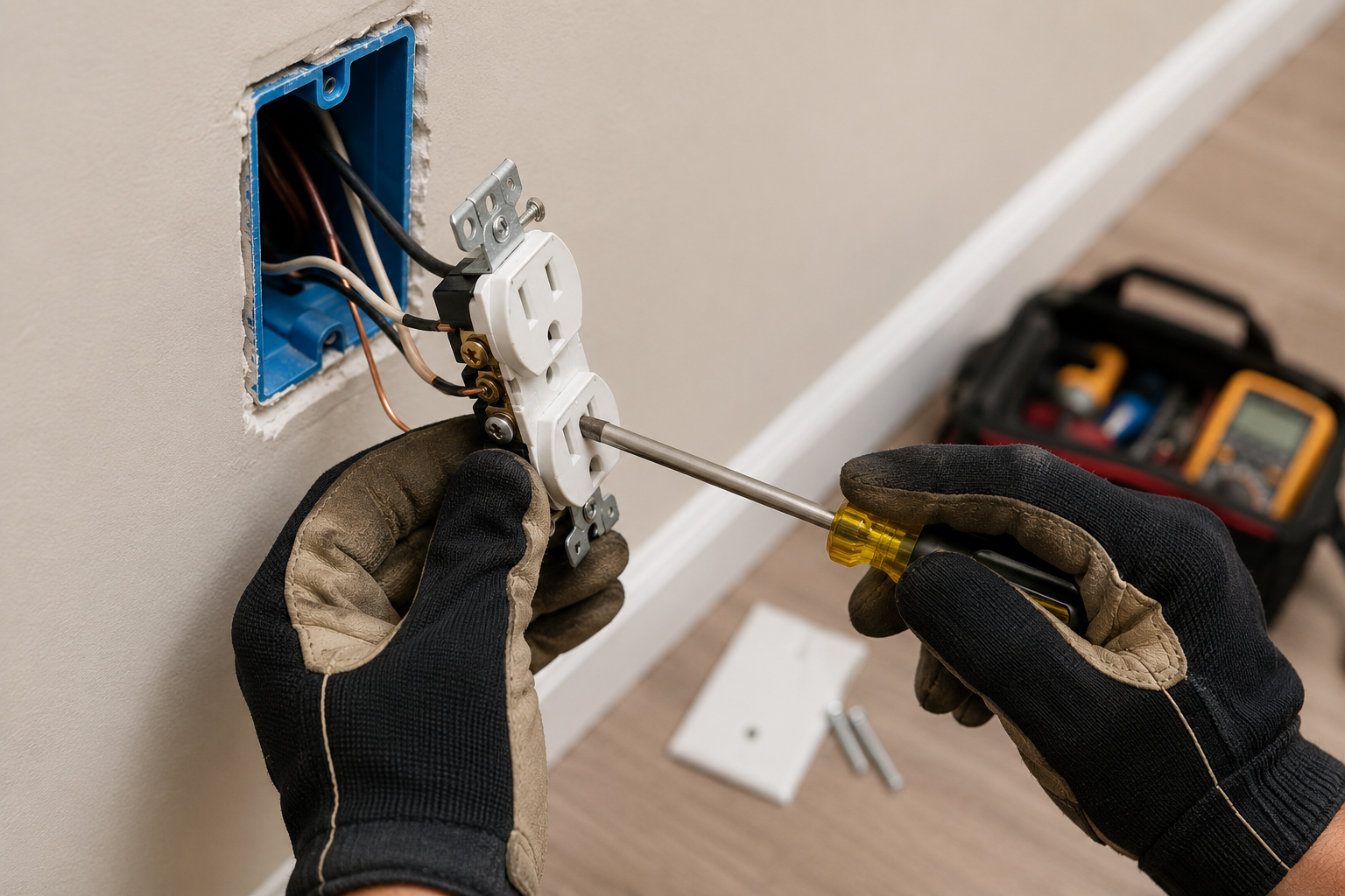 Person installing or repairing electrical outlets using a screwdriver, with a toolbox in the background.