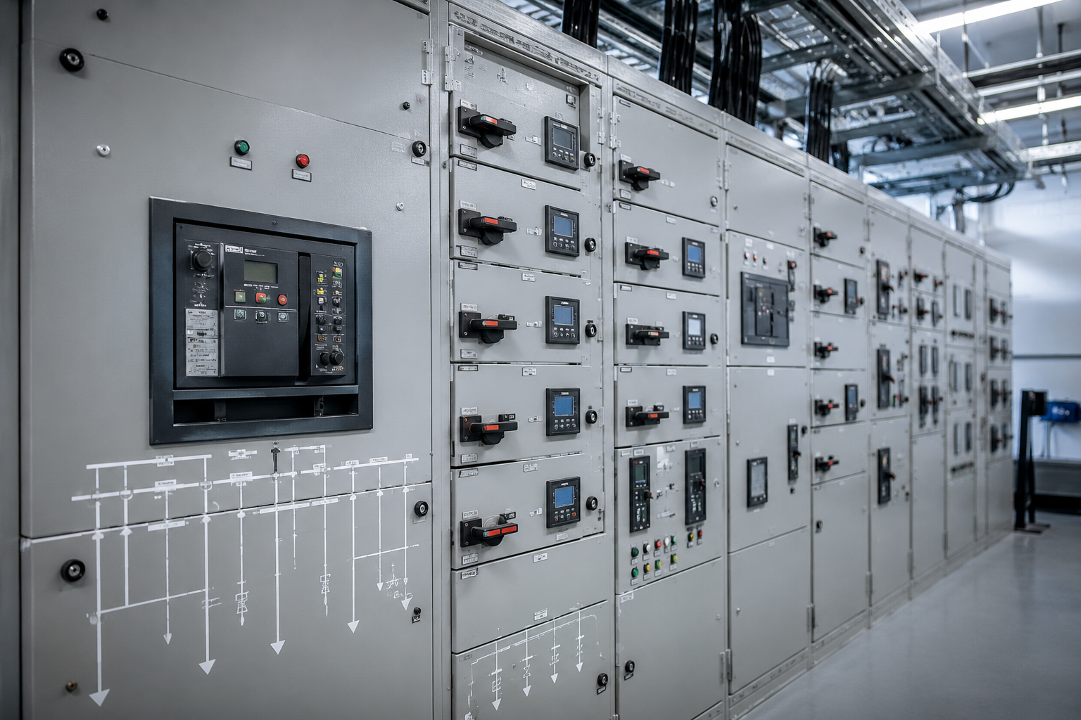 Industrial electrical control panel with various switches, displays, and wiring.
