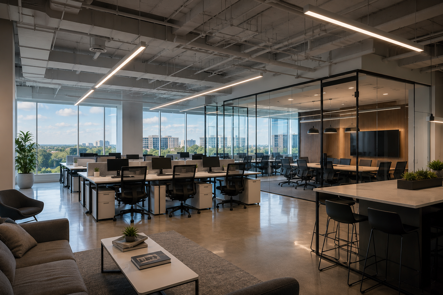 Modern office with open workspace, glass-walled conference room, and urban city view