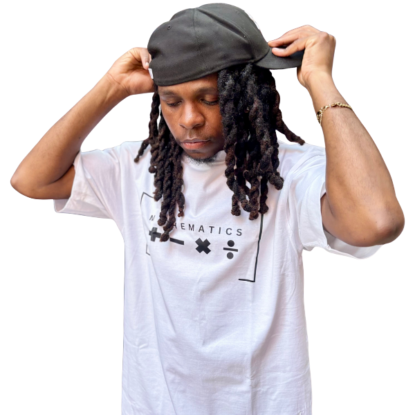 A man wearing a black cap and a white t-shirt with math symbols adjusting his cap.