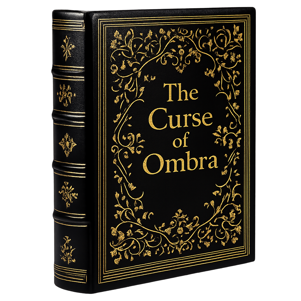 A black leather-bound book with gold ornate floral designs and the title 'The Curse of Ombra' embossed in gold on the cover.