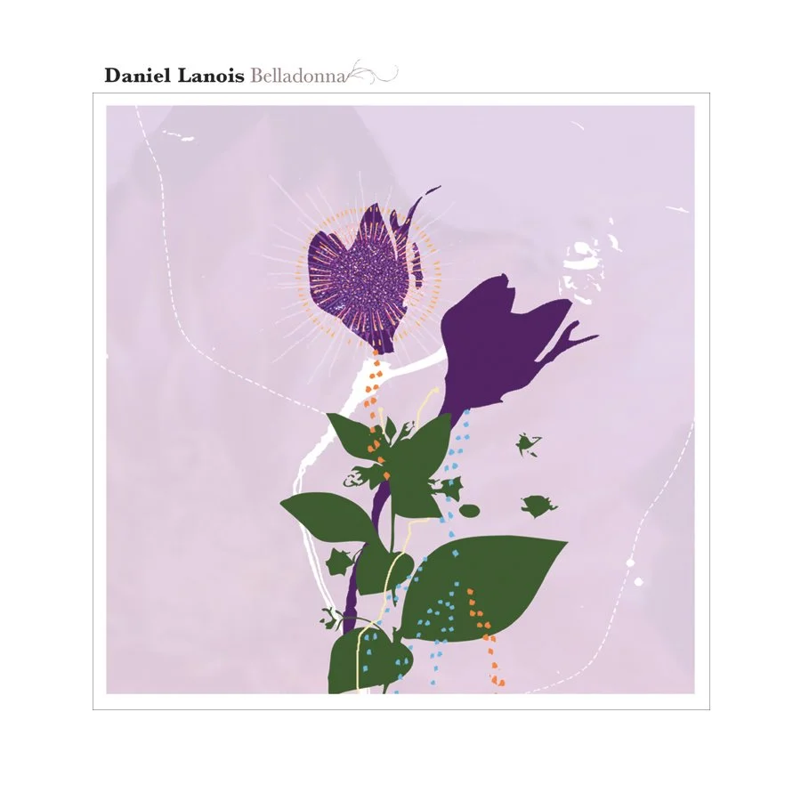 Abstract digital artwork of purple and dark purple flowers with green leaves on a light purple background, featuring small birds and dotted lines.