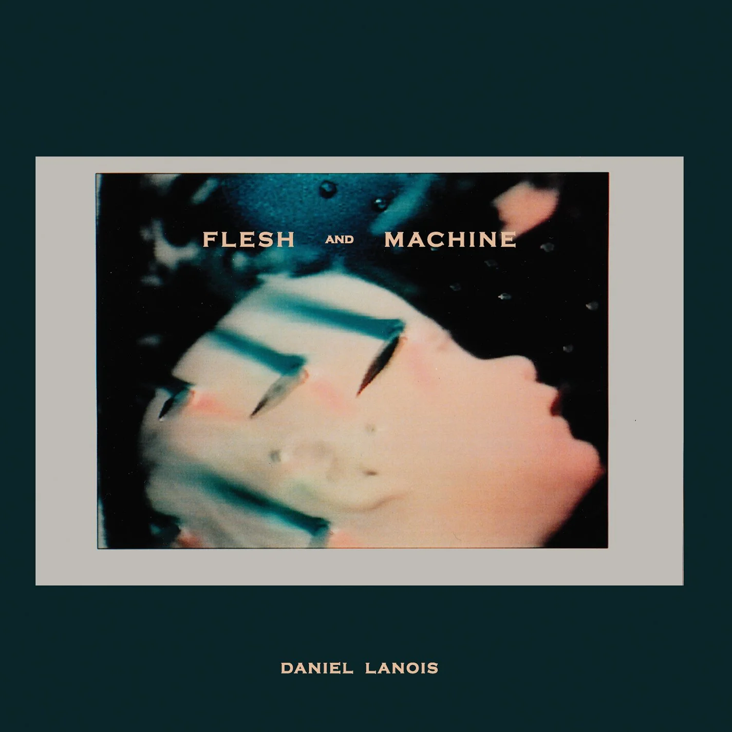 Cover of the album 'Flesh and Machine' by Daniel Lanois, featuring abstract artwork with geometric shapes and a color palette of soft pinks, blues, and dark tones.