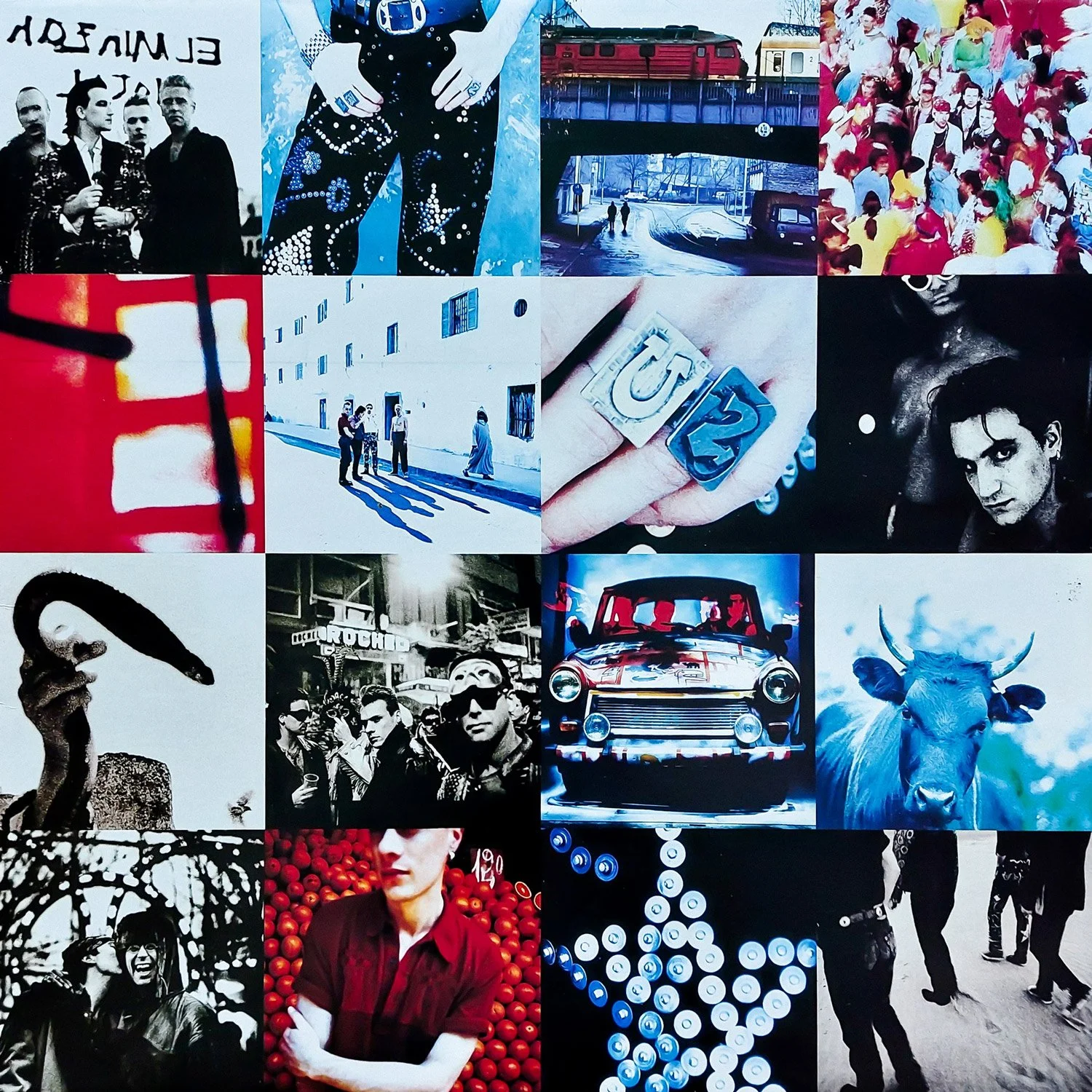 A collage of various black, white, and color images including people, vehicles, architecture, and urban scenes.