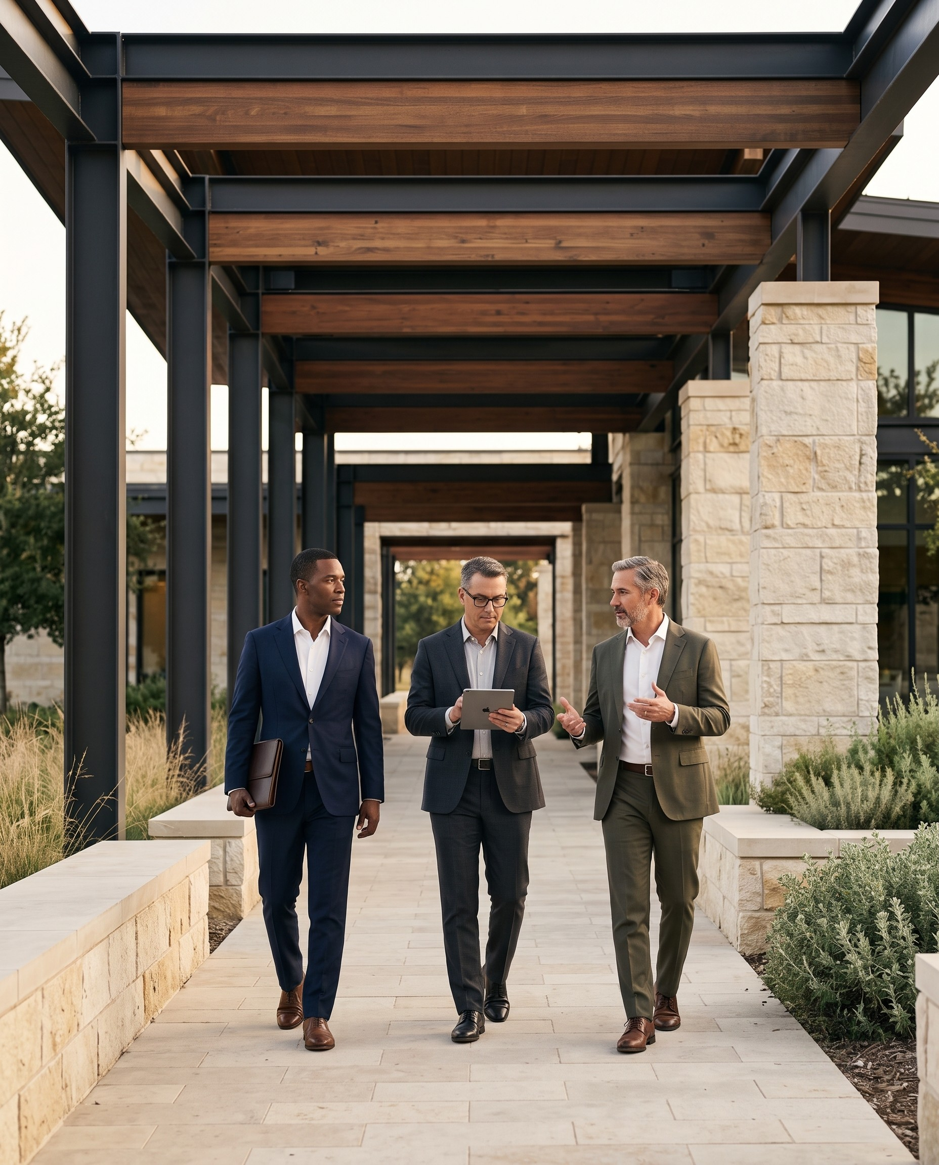 Three businessmen in suits walking and talking outdoors under a modern wooden and metal pergola, with landscaped planters on either side.