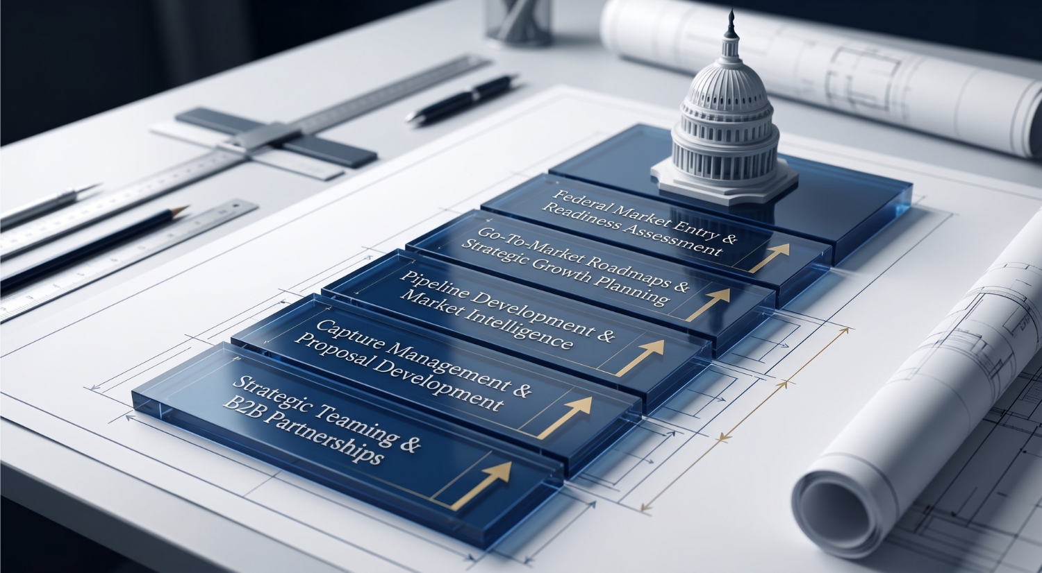 Blueprints and architectural drawings with a model of the United States Capitol building on top, and a vertical process flow chart with steps related to market and strategic planning.