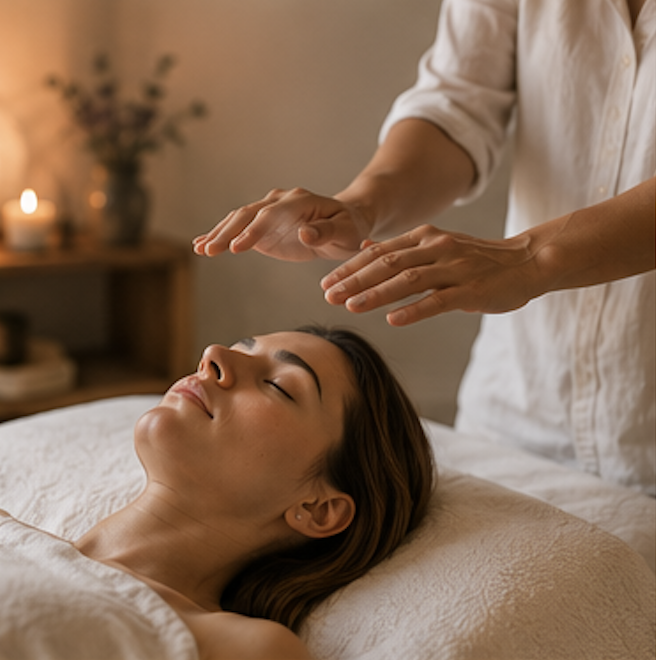 A woman receiving a massage or healing treatment from a practitioner in a cozy, dimly lit room.