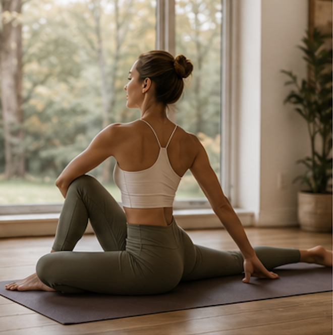 A woman practicing yoga indoors near a large window with trees outside, sitting on a mat in a seated twist pose.