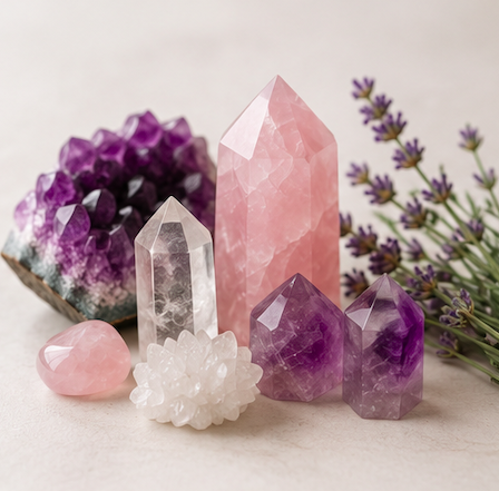 Various polished and raw crystals, including amethyst, quartz, rose quartz, and rose quartz heart, with lavender sprigs.