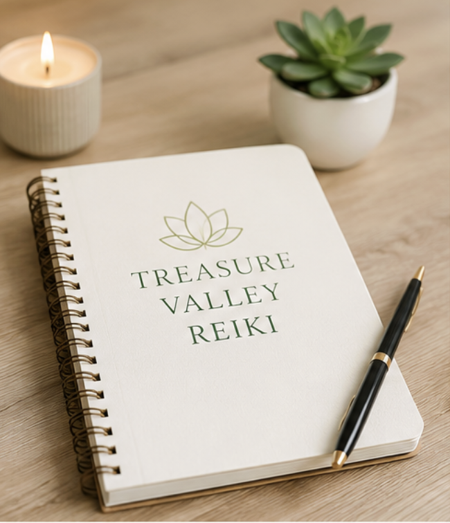 A spiral notebook titled 'Treasure Valley Reiki' with a lotus flower logo on the cover, a black and gold pen resting on top, a lit candle in a white holder, and a potted succulent plant on a wooden desk.