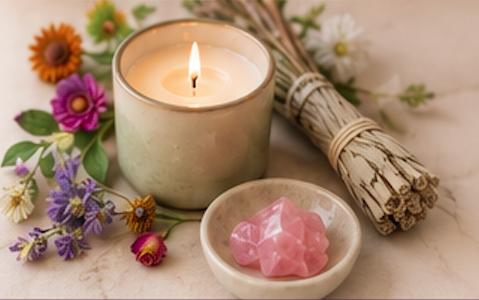 A lit candle in a glass jar, surrounded by colorful flowers and a bundle of dried herbs, with a small dish of pink soap or bath bomb nearby.