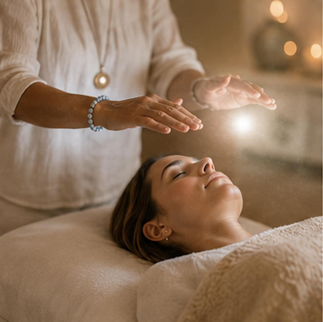 Person lying on a massage table receiving a healing or energy session from a practitioner with hands raised above the person's forehead, in a warmly lit room with soft focus background.