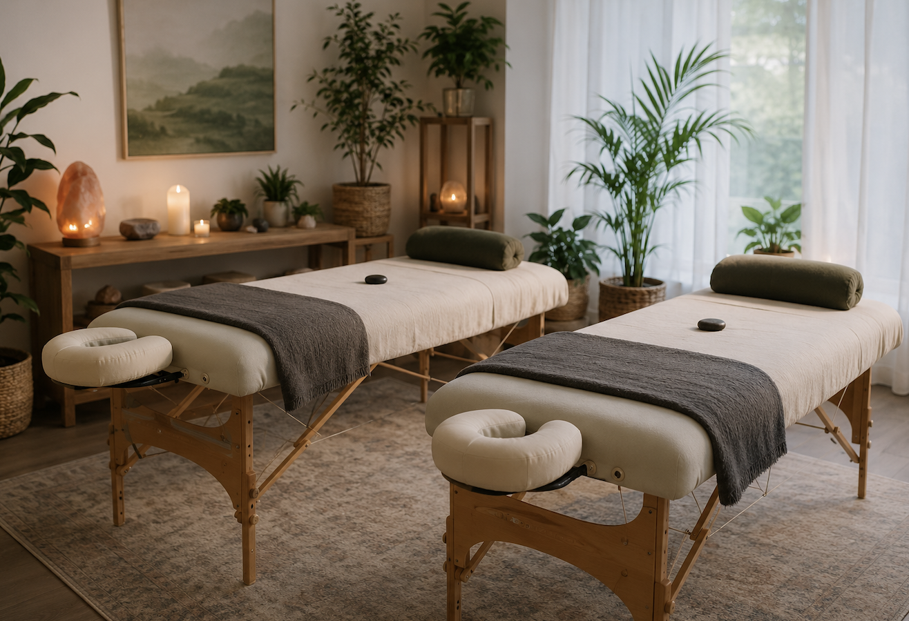 Two massage tables in a cozy treatment room with candles, plants, and calming decor.