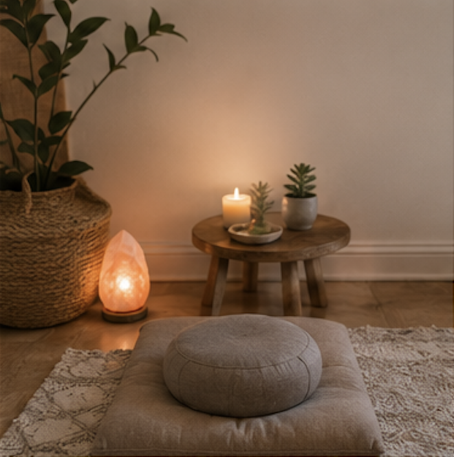 Cozy corner with a soft cushion, a salt lamp, lit candle, and potted succulents on a small wooden table, surrounding a large potted plant in a woven basket.