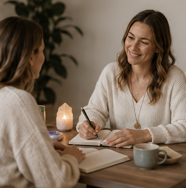 Two women sitting at a table having a conversation, with journals, a salt lamp, and a cup on the table.