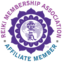 Logo of the Reiki Membership Association and Affiliate Member with a purple and black design and symbols.