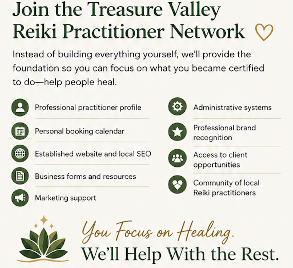 A promotional flyer for the Treasure Valley Reiki Practitioner Network. It highlights benefits such as professional profile, booking calendar, SEO, business resources, marketing, systems, brand recognition, client opportunities, and local community. The flyer includes a tagline: "You Focus on Healing. We'll Help With the Rest." and features icons for each benefit along with a decorative logo of a healing plant.