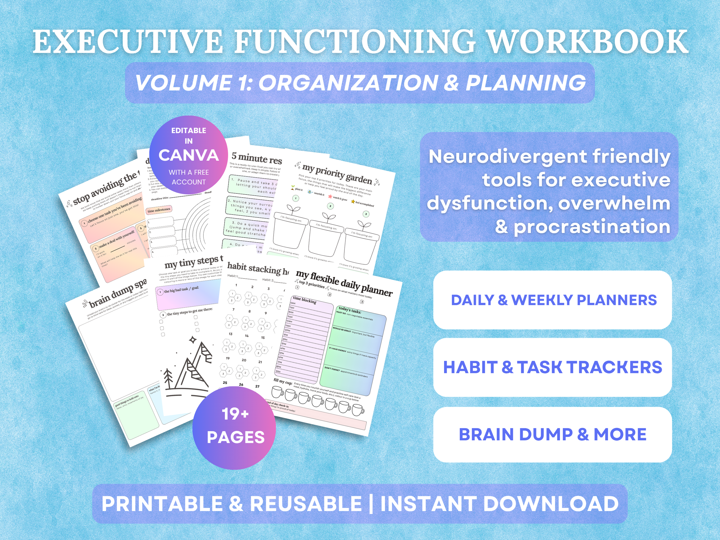 Printable Executive Functioning Workbook | Volume 1: Organization & Planning | PDF with Editable Canva Template