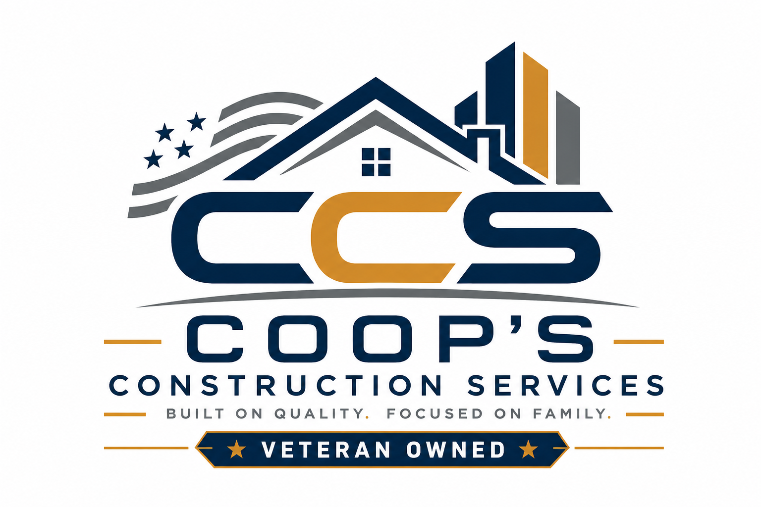 Logo for Co-op's Construction Services featuring a house, city skyline, and American flag elements, with the tagline 'Built on Quality, Focused on Family', and indicating veteran ownership.