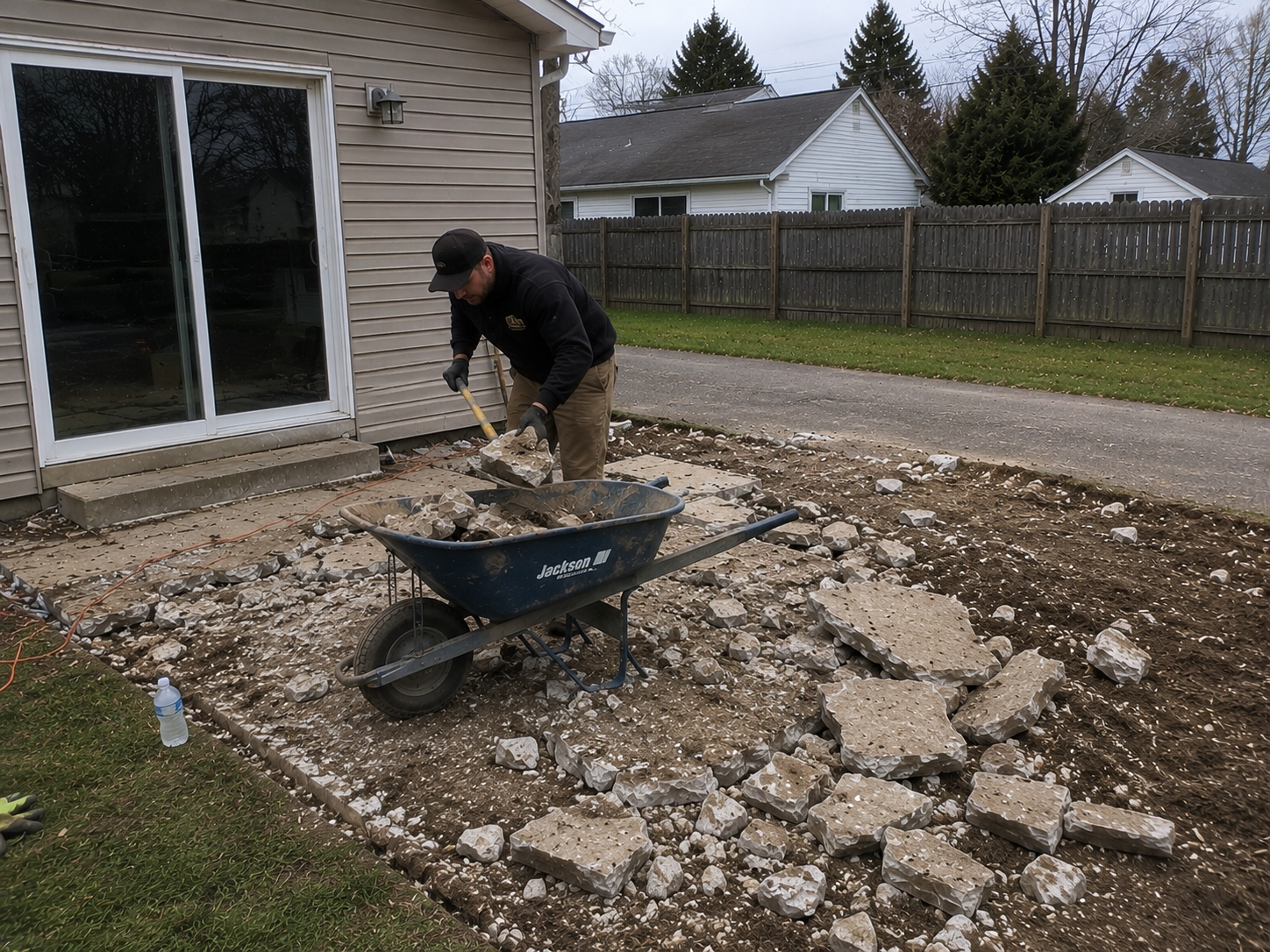 A man working outdoors demolishing a concrete patio with a sledgehammer, placing broken pieces into a wheelbarrow beside him, next to a house with sliding glass doors, a grassy yard, and a wooden fence in the background.