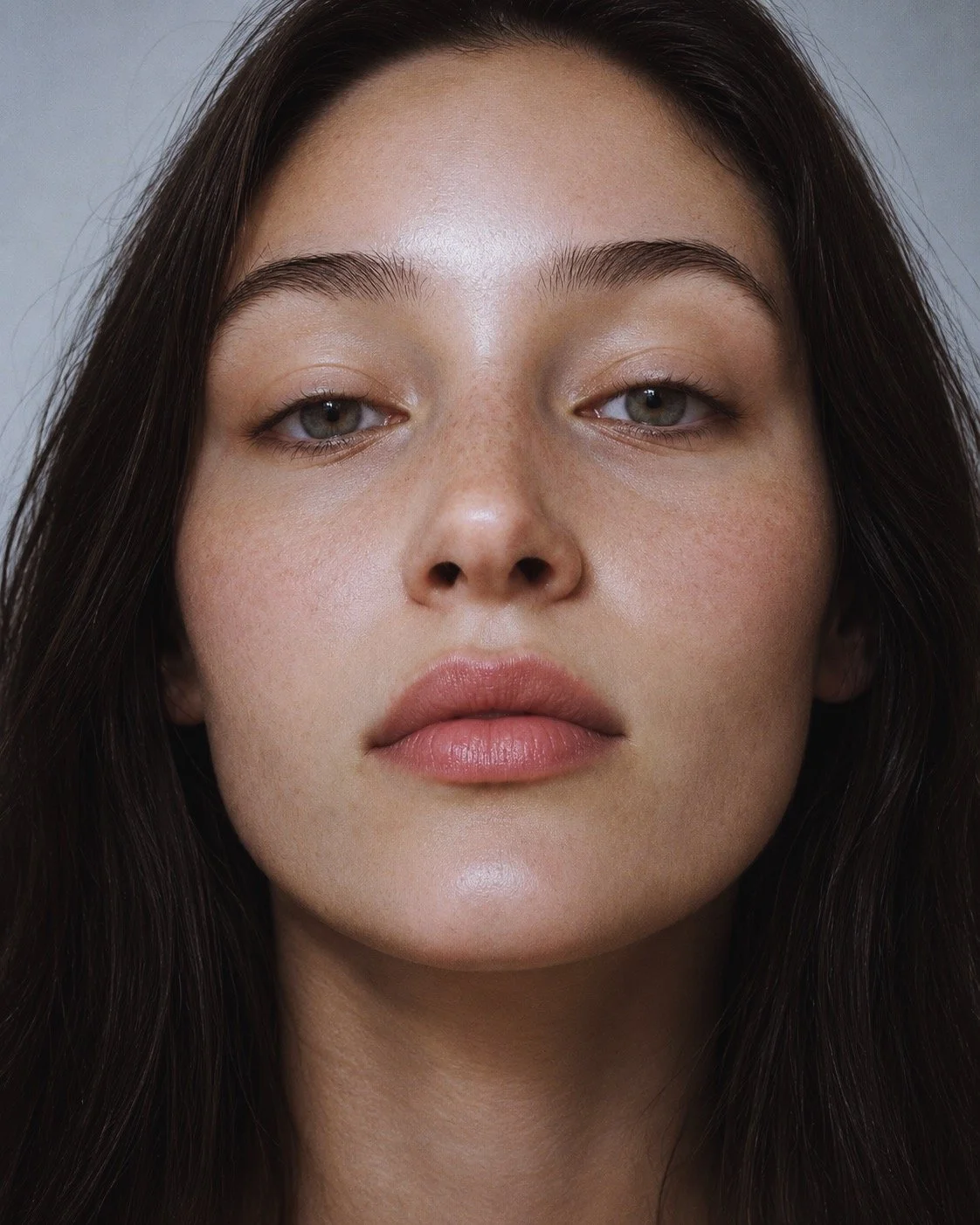 Close-up of a woman with long dark hair, light skin, blue eyes, and natural makeup.