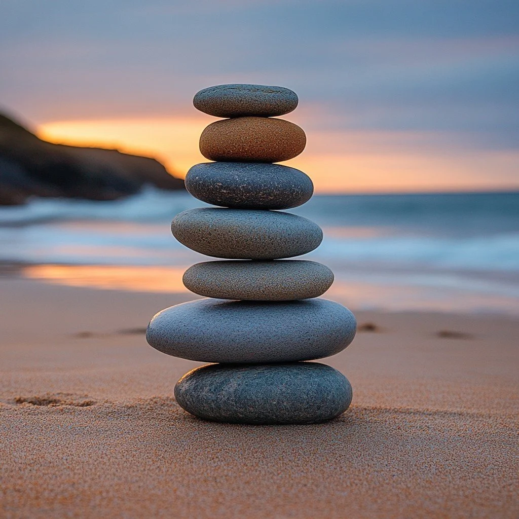 Stacked smooth stones balanced on a sandy beach during sunset with ocean and distant hills in the background.