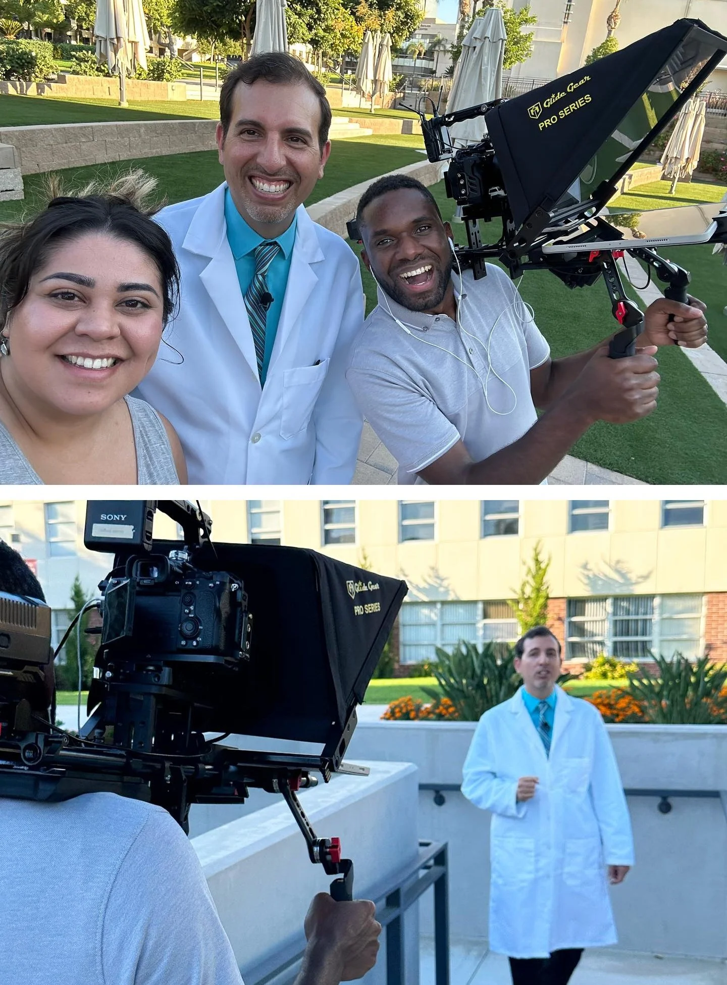 Shane, Betsy and a client on location, with a second view of the camera recording the client.