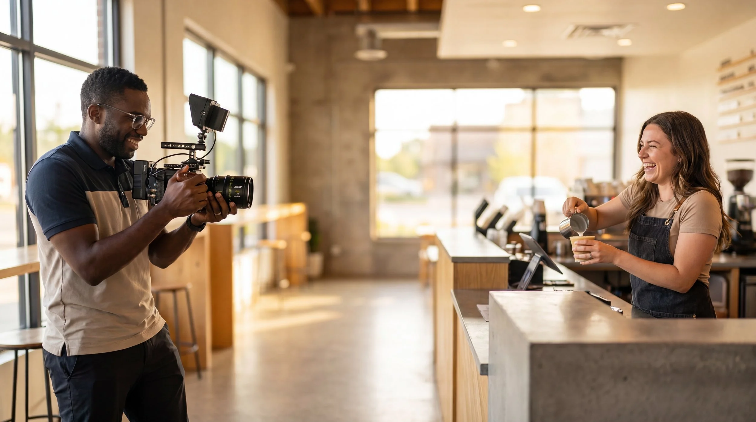 A man filming a woman as she prepares a drink behind the counter of a café.