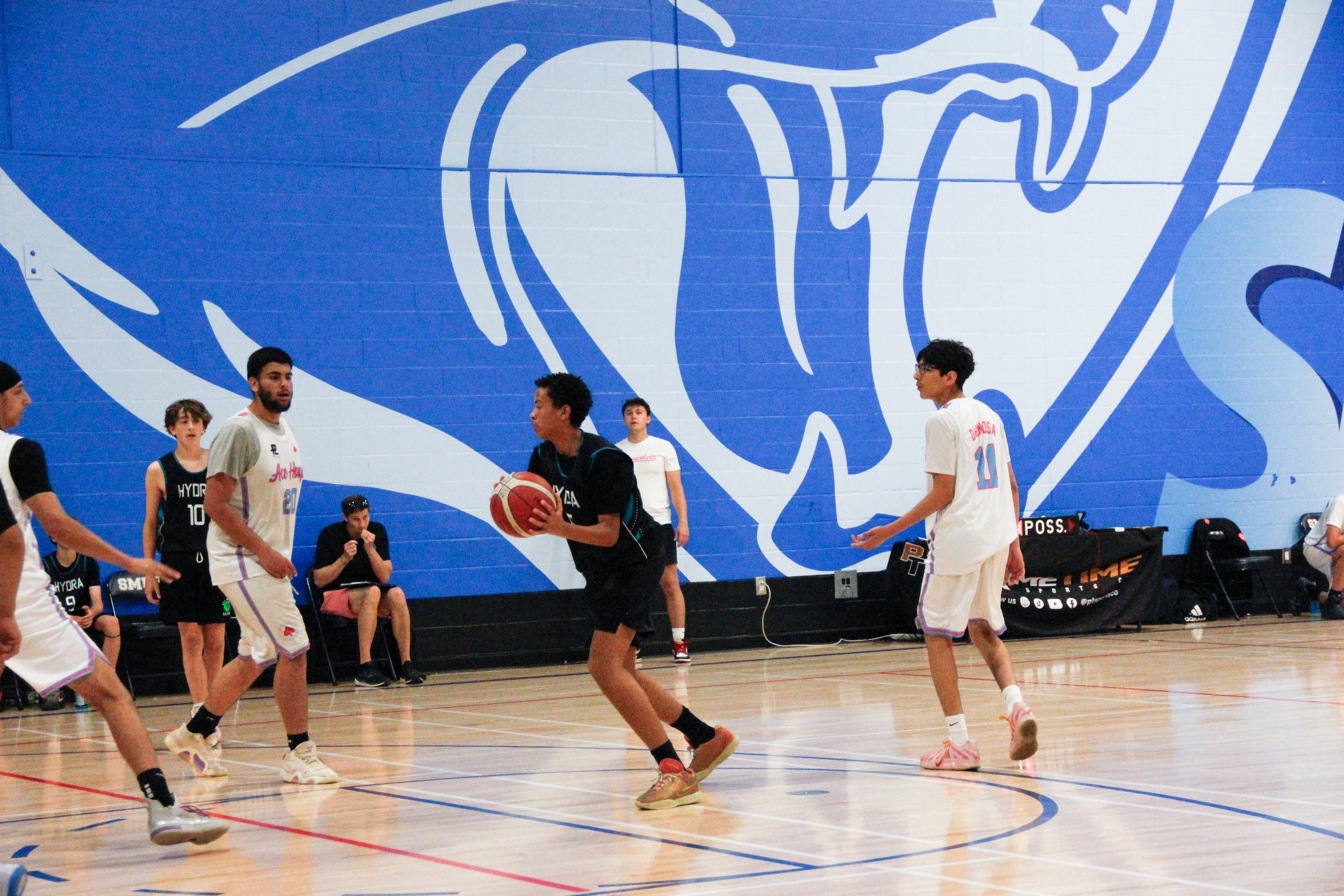 A group of young basketball players are playing on an indoor court with a large blue wall art featuring a stylized fish in the background.
