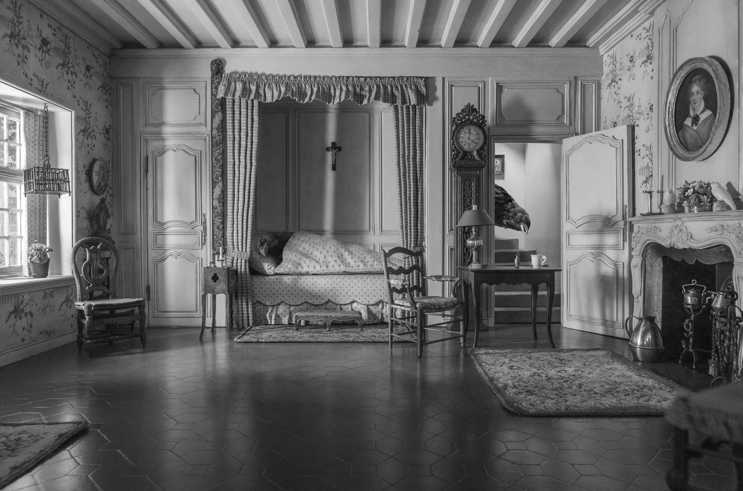 A vintage-style living room with wooden paneling, floral wallpaper, a window with checkered curtains, an ornate clock, a portrait painting, various decorative objects, and a tiled floor. crows are living in the room.