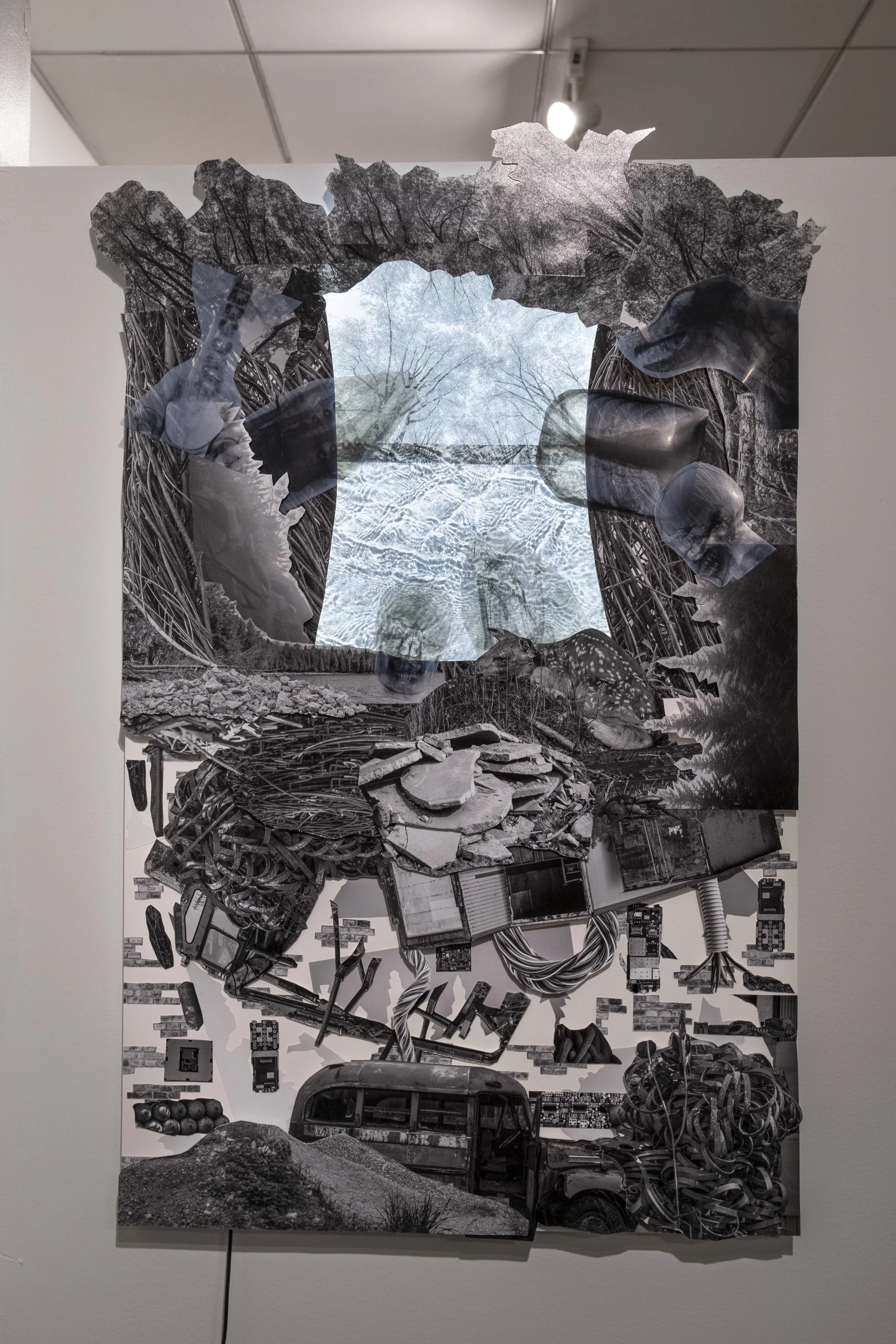 A collage artwork consisting of various torn and cut pieces of black-and-white photographs and printed images assembled together. It includes images of trees, a deer, a car, electronic components, and natural elements, creating a layered and textured
