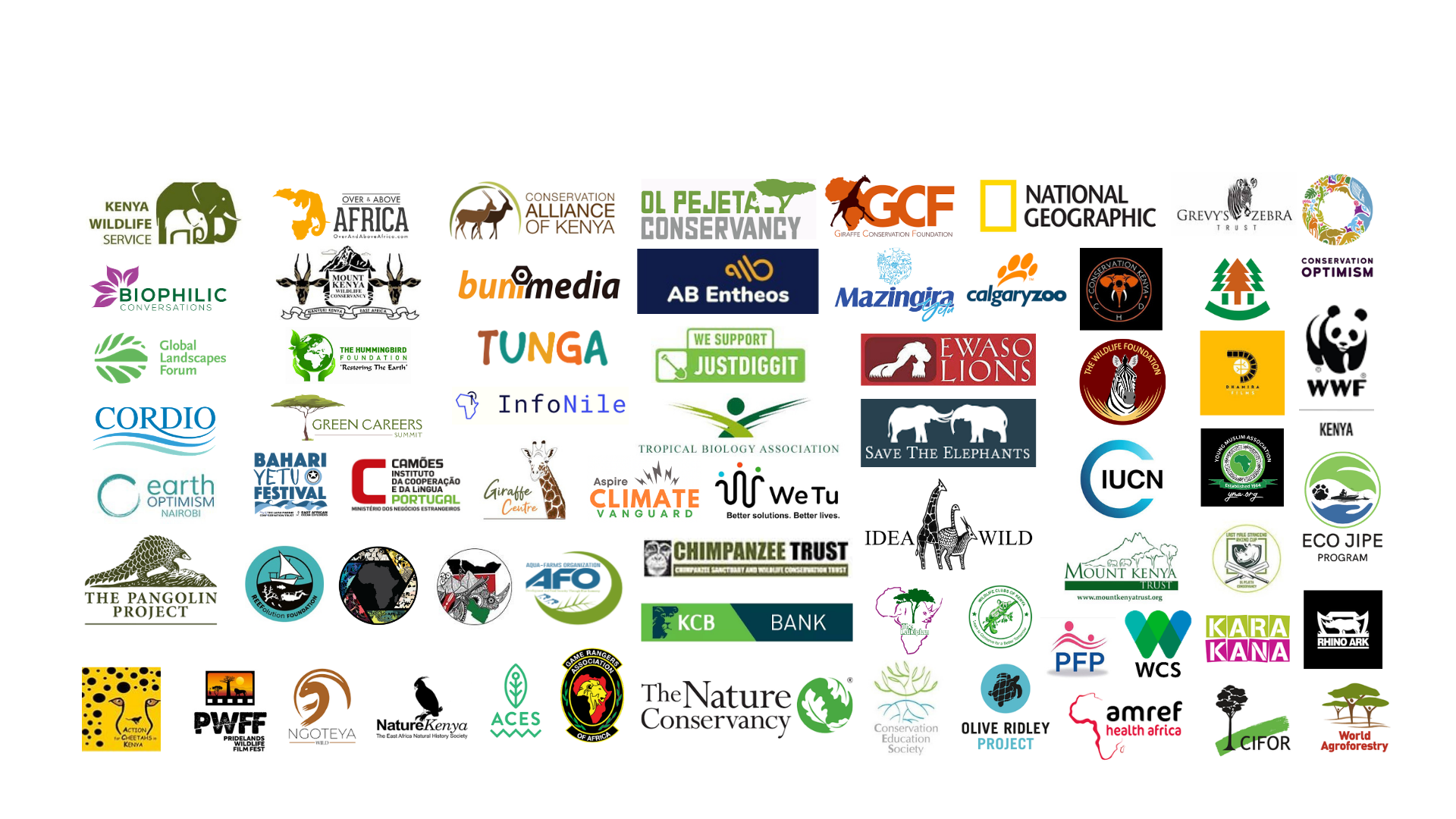 A collage of numerous logos of wildlife, conservation, and environmental organizations, including Kenya Wildlife Service, National Geographic, WWF, and Save the Elephants.