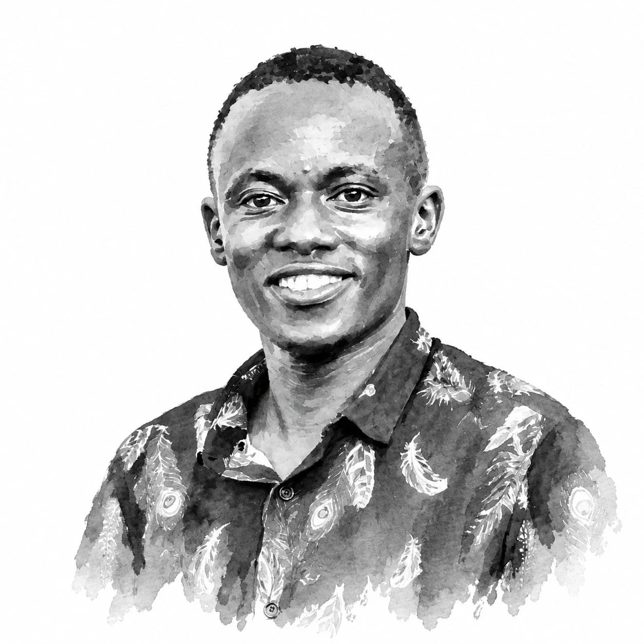 Black-and-white digital portrait of a smiling man with short hair, wearing a patterned shirt with feathers or floral designs.