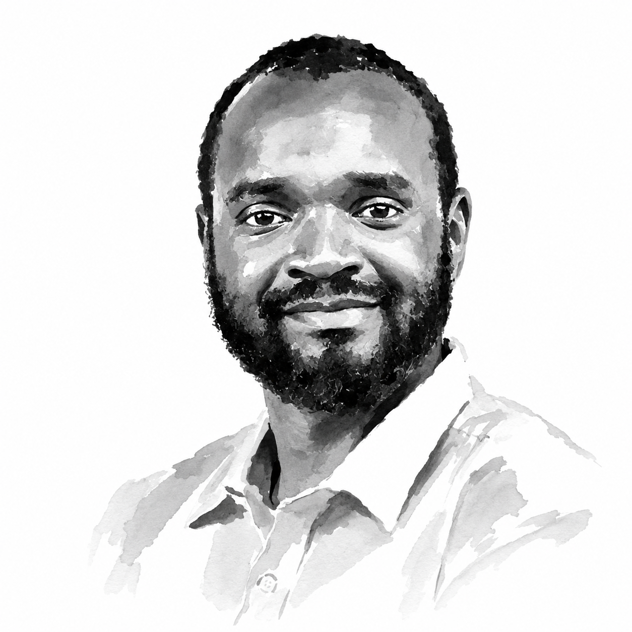 A black and white digital painting of a smiling man with a beard, wearing a collared shirt.